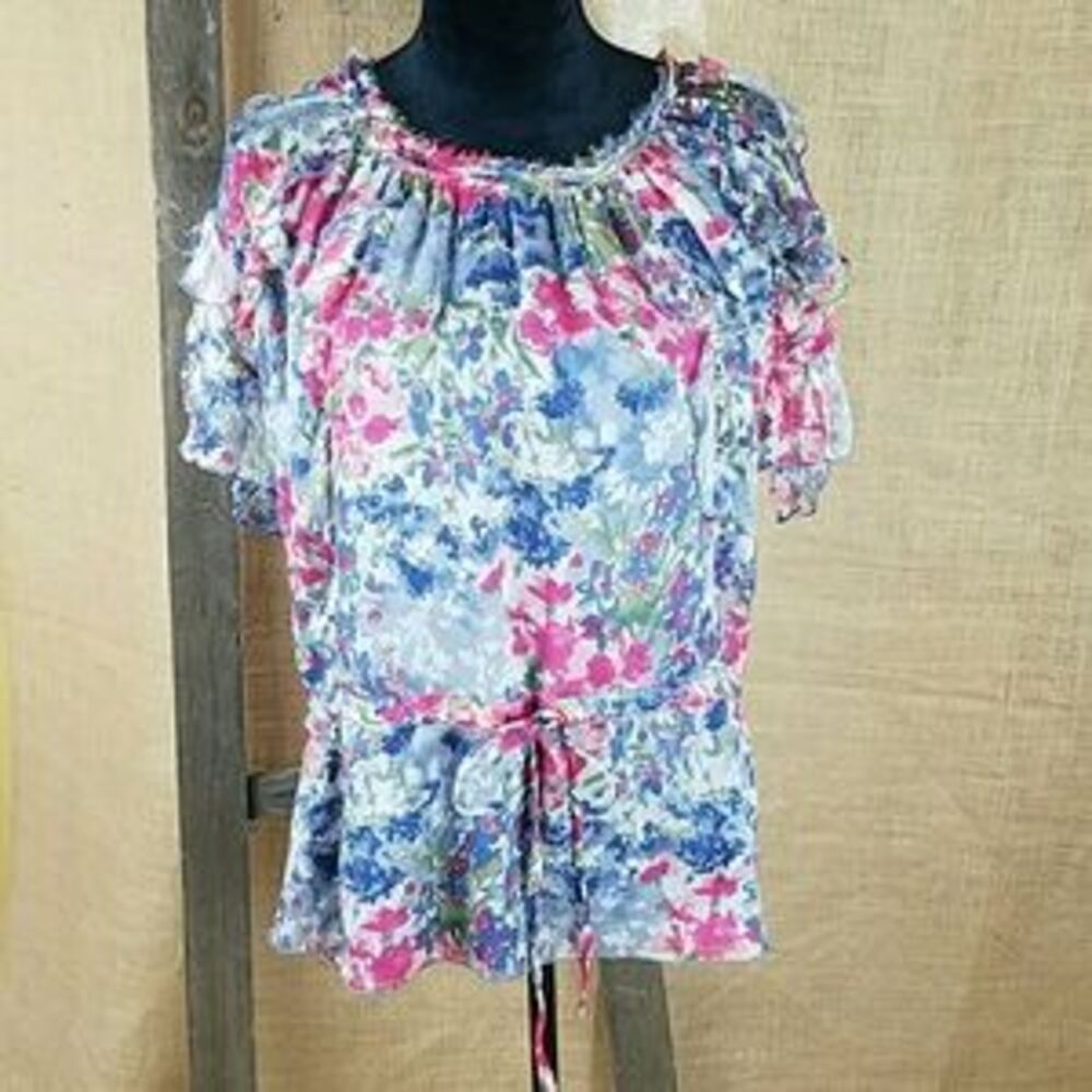 MM Couture by Miss Me women S silk shirt floral ruffle boat neck top cottagecore